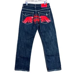 Vintage Raw Blue Mens Jeans Distressed Skull Red Wings Baggy Y2K 34x34 (33x31)